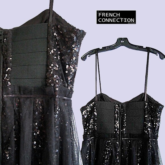 FRENCH CONNECTION NEW Glam Sequin/Tulle Sweetheart Strap Neck Fit & Flare Dress - Picture 9 of 12